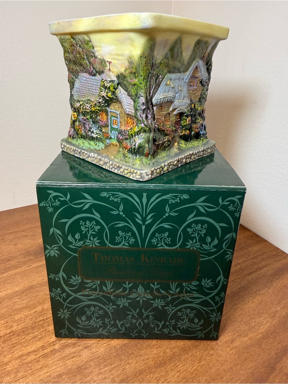 Thomas Kinkade Hand-Painted Cottage Planter in Green, Yellow, Blue and Brown